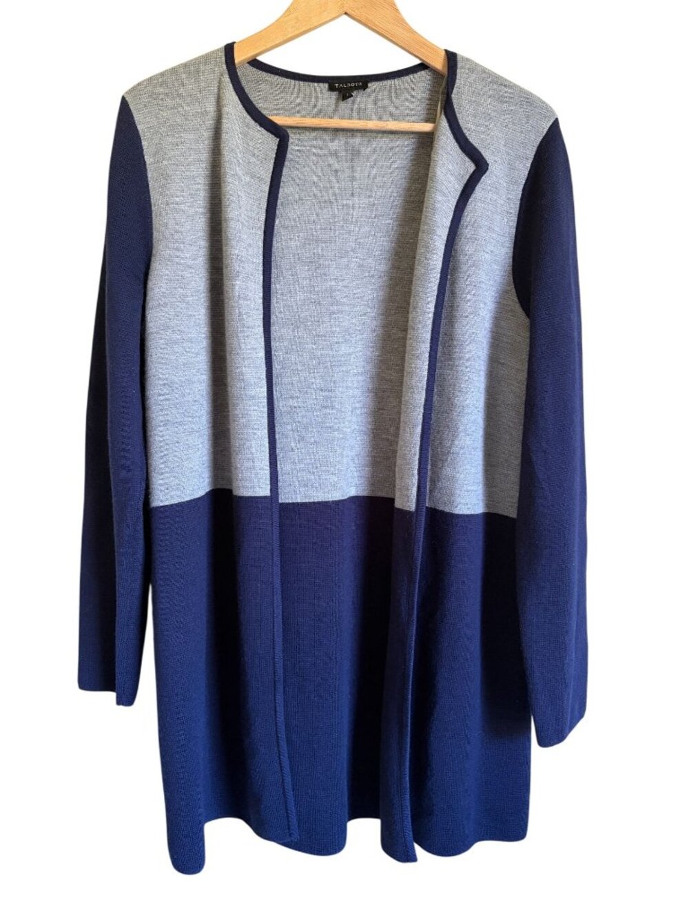 Talbots Size Large Navy Blue Gray Open Cardigan Long Line Merino Wool Blend